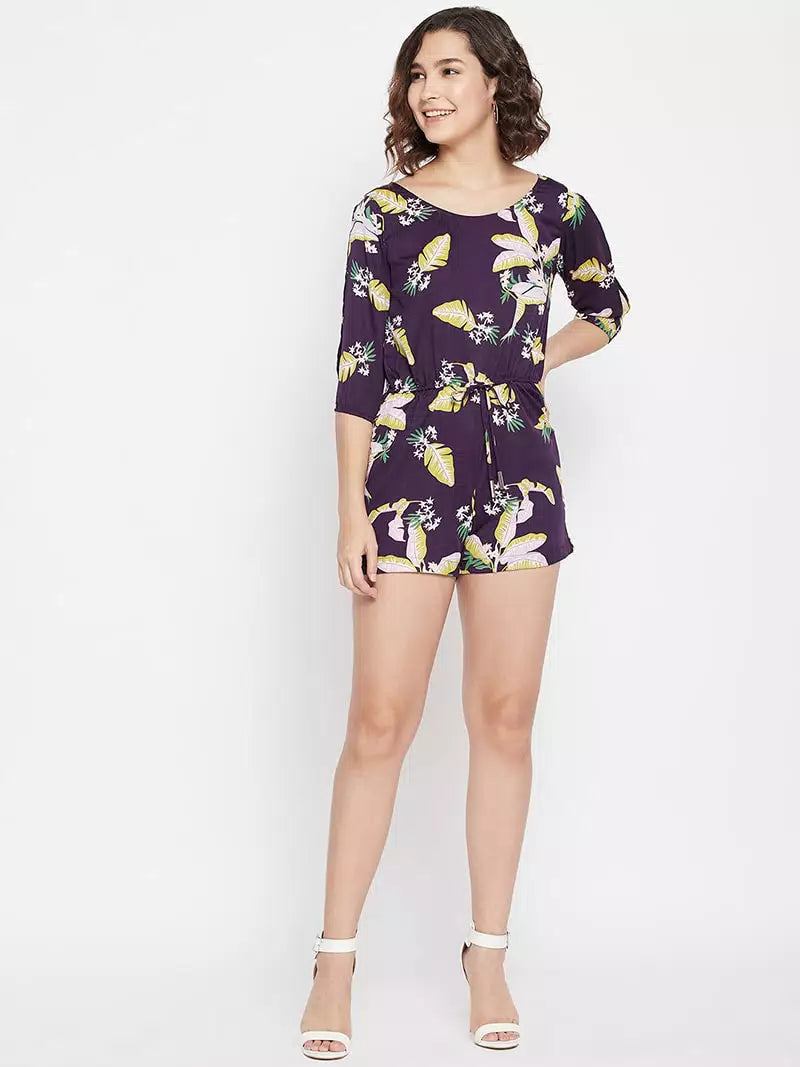Tropical print slit sleeves romper