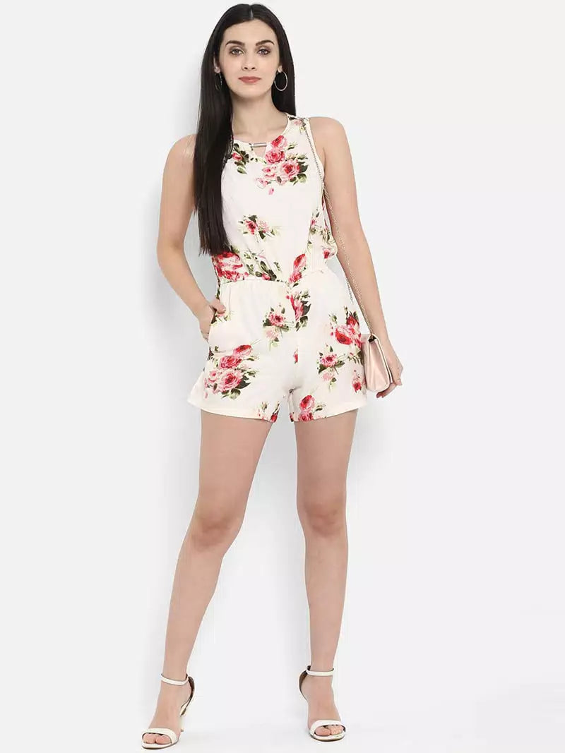 Floral printed V neck romper