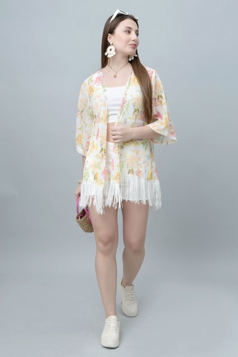 Women's Floral Print Kimono Tasseled Shrug