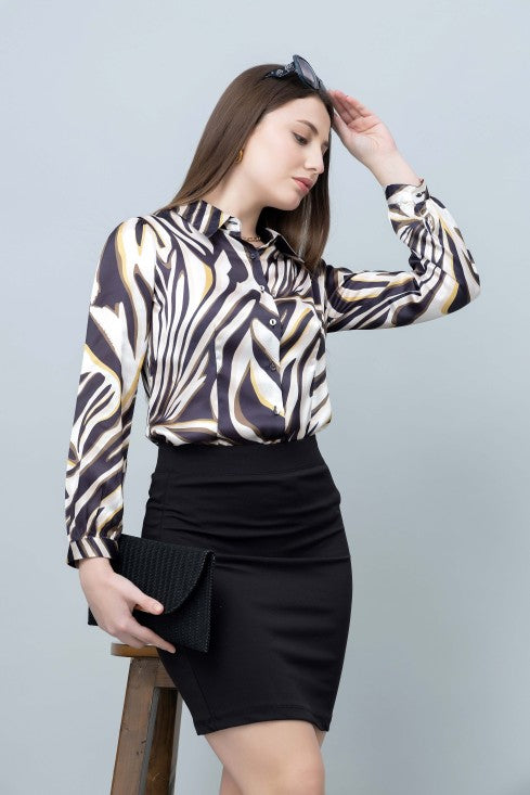 Women's Abstract Printed Casual Satin Shirt