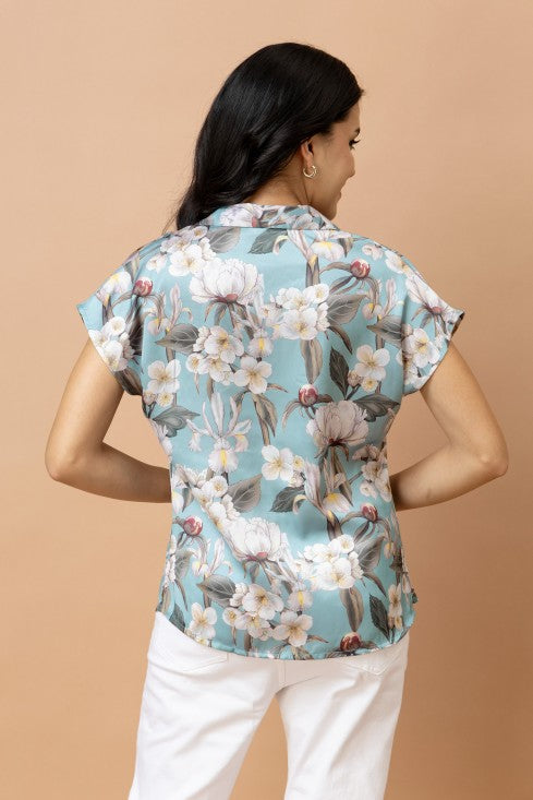 Floral Printed Cuban Collar Satin Shirt