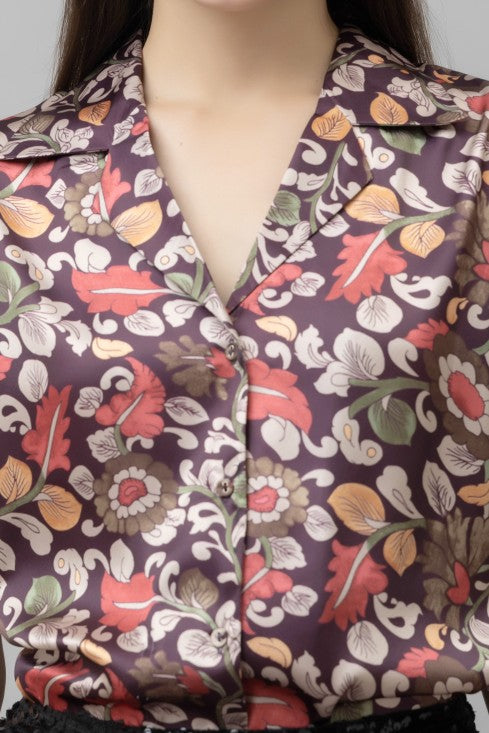 Smart Floral Printed Cuban Collar Long Sleeves Satin Casual Shirt