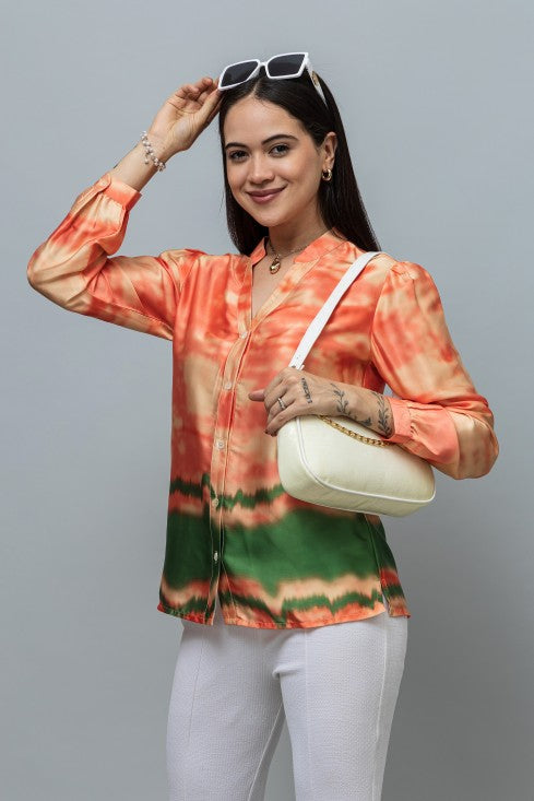 Band Collar Printed Satin Shirt