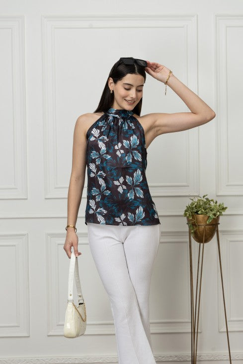Floral Halter Neck Satin Top