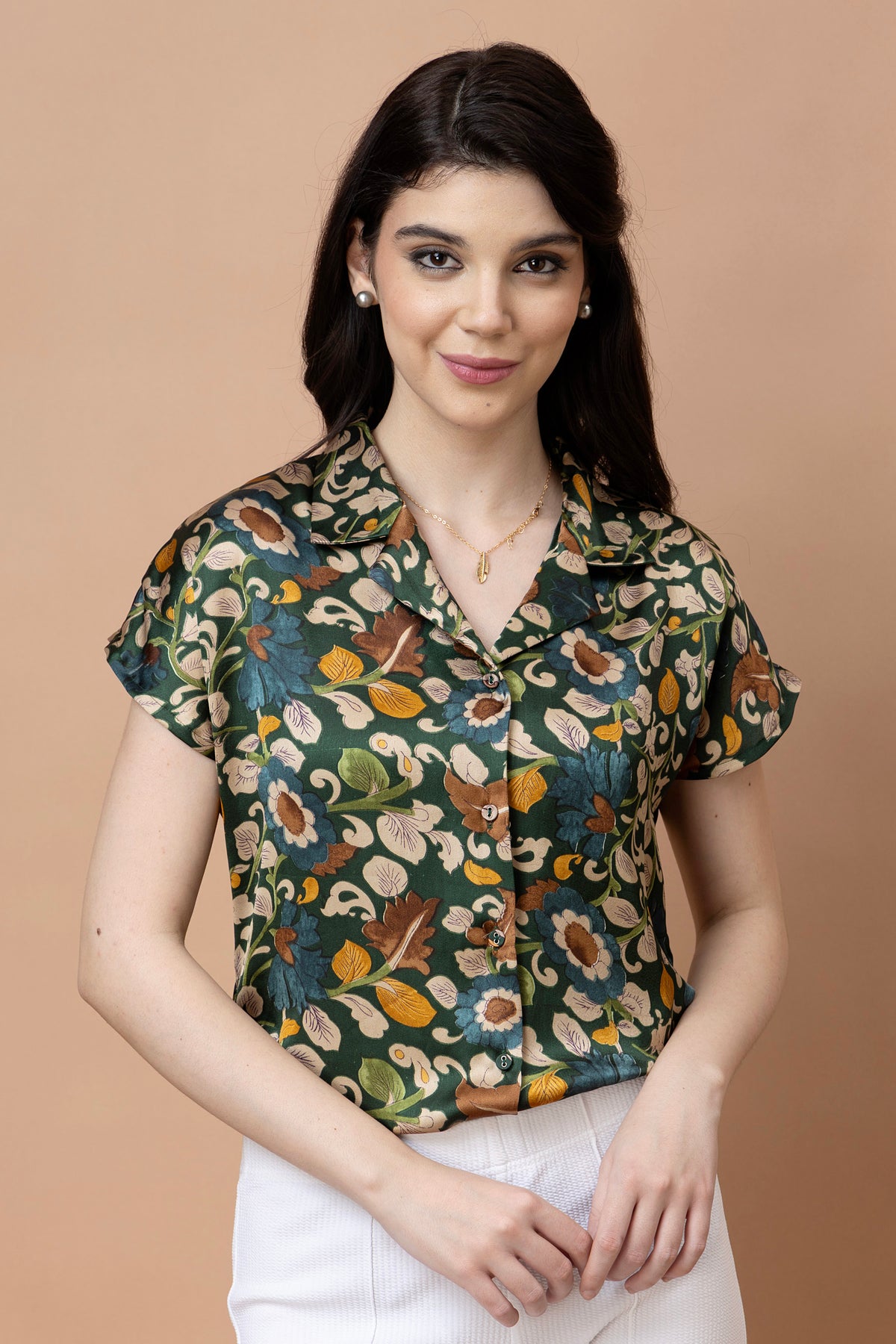 Floral Printed Cuban Collar Satin Shirt