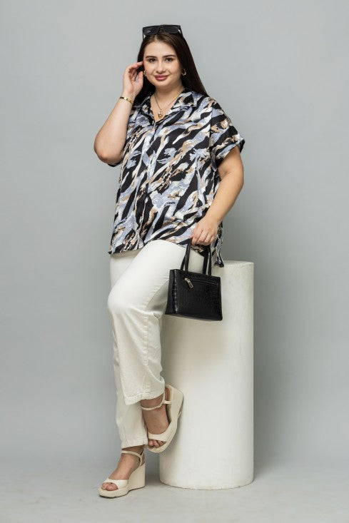 Abstract Casual Short Sleeves Satin Shirt