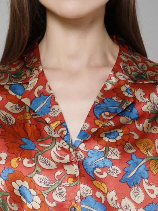 Floral Flared Sleeves Satin Shirt