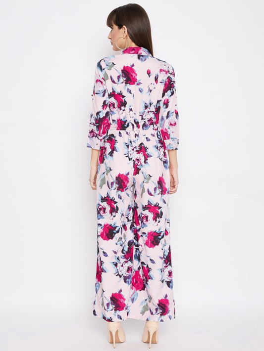 Floral printed roll up sleeves jumpsuit