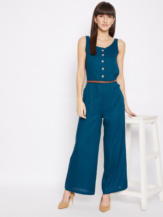 Sleeveless rayon jumpsuit with wooden buttons