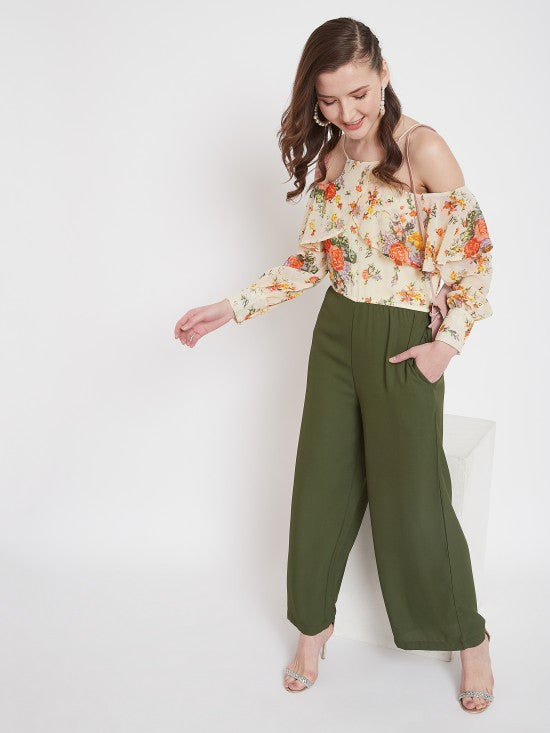 Floral Print Cold Shoulder Long Jumpsuit