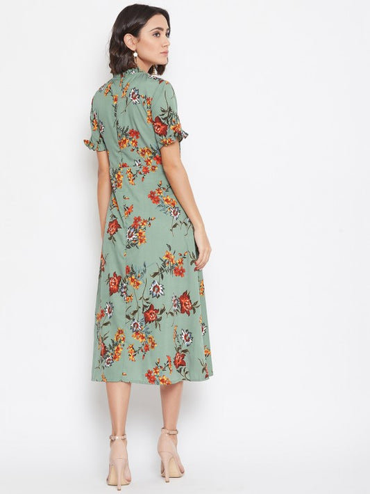 Frilled Collar And Sleeves Midi Dress