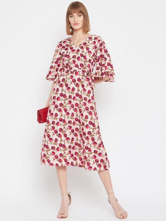 Floral printed flounce sleeves midi dress