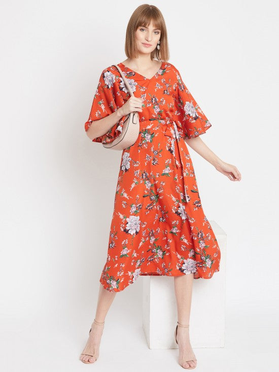 Floral printed flounce sleeves midi dress
