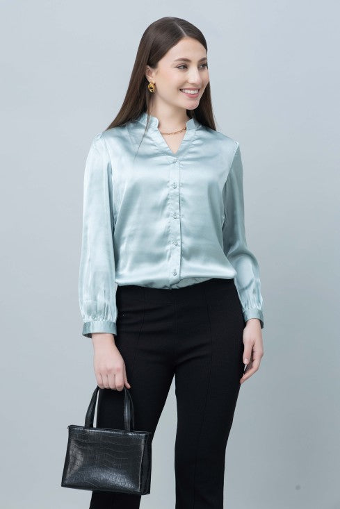 Women's Band Collar Formal Satin Shirt