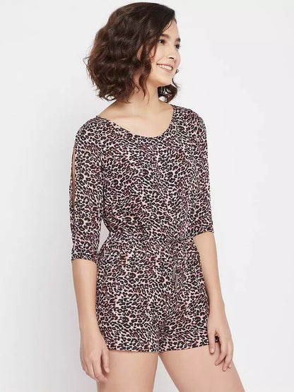 Animal print slit sleeves romper