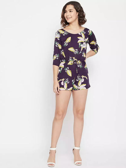 Tropical print slit sleeves romper