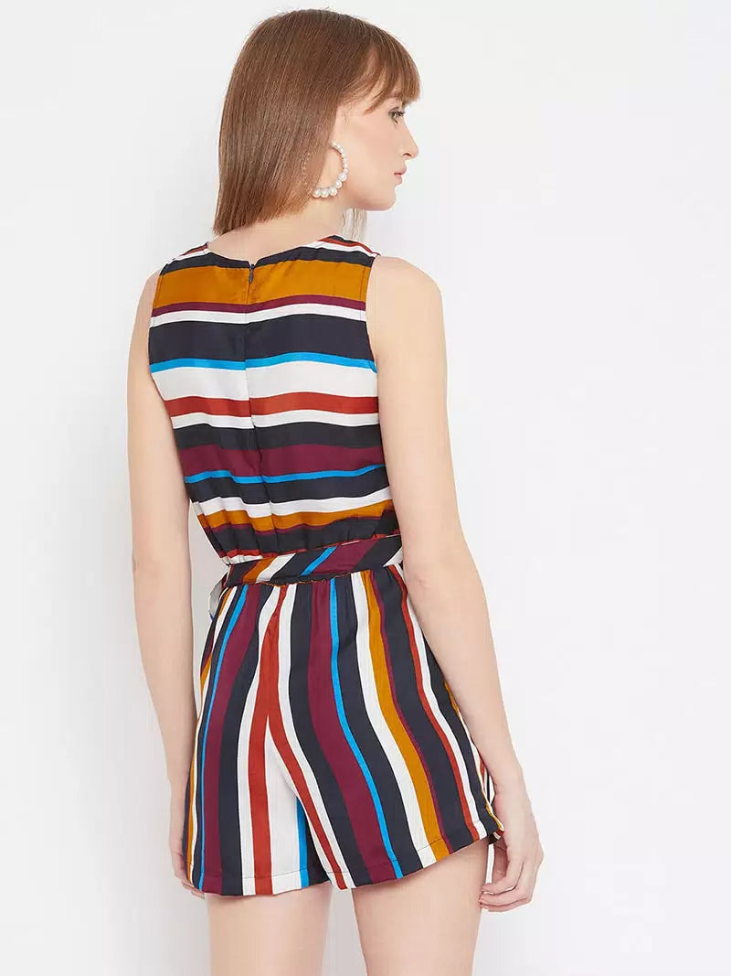 V neck stripes printed romper with fabric belt