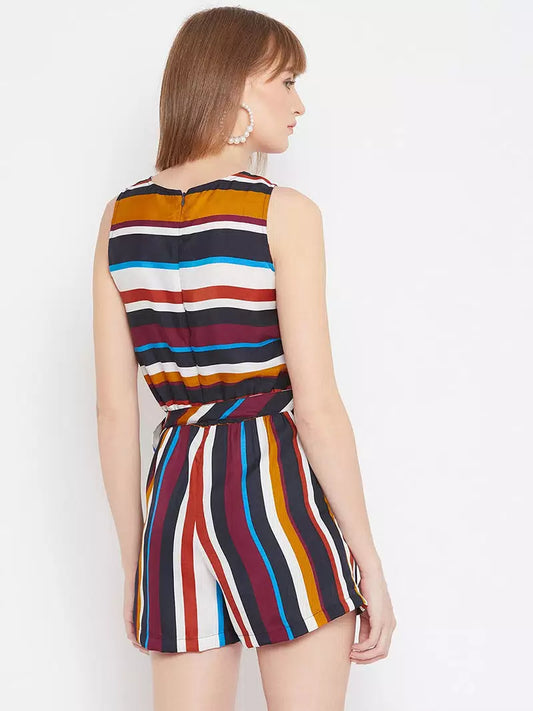 V neck stripes printed romper with fabric belt