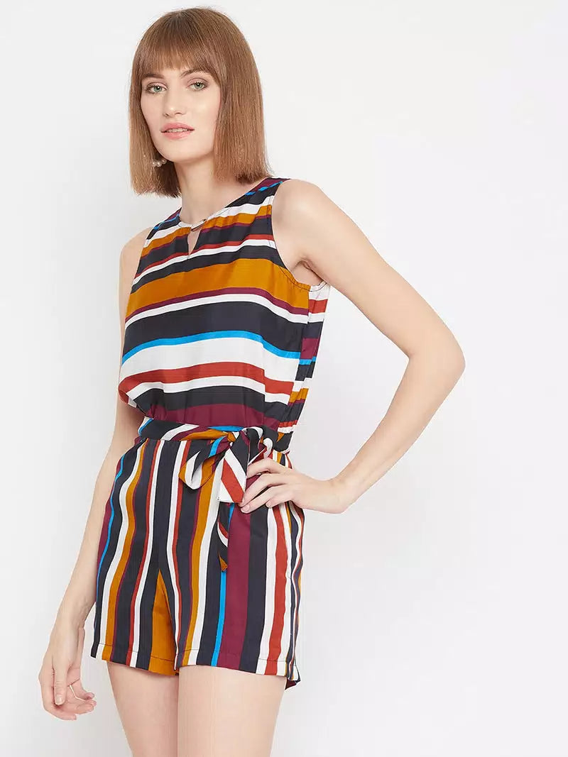 V neck stripes printed romper with fabric belt