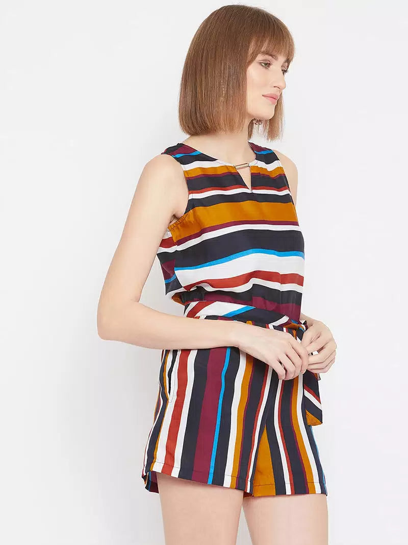 V neck stripes printed romper with fabric belt
