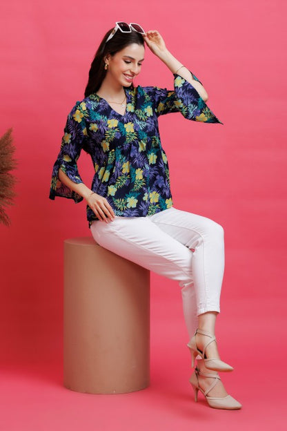 Tropical Printed Bell Sleeves Top