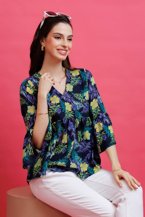 Tropical Printed Bell Sleeves Top