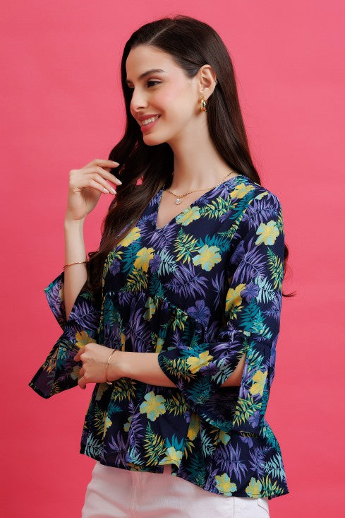 Tropical Printed Bell Sleeves Top
