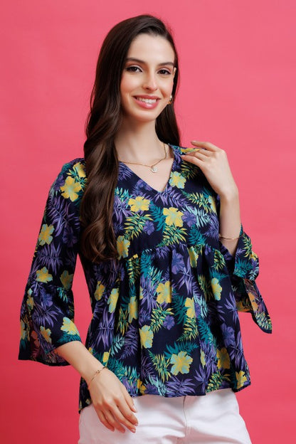 Tropical Printed Bell Sleeves Top