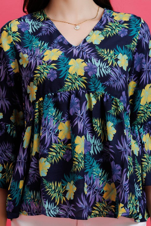 Tropical Printed Bell Sleeves Top