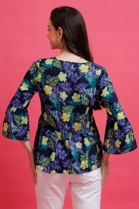 Tropical Printed Bell Sleeves Top