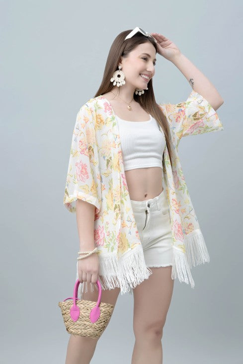 Women's Floral Print Kimono Tasseled Shrug