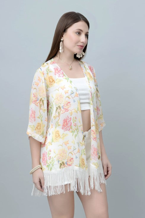 Women's Floral Print Kimono Tasseled Shrug