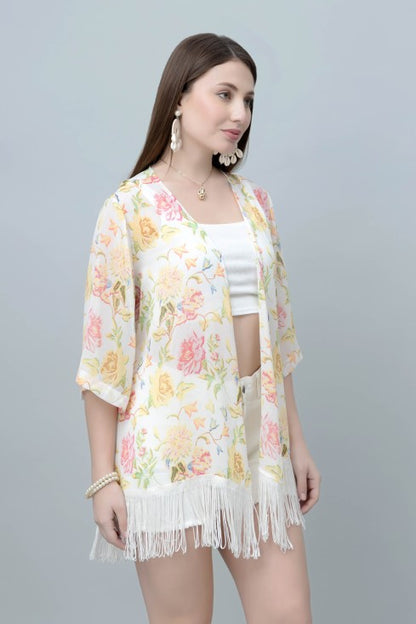 Women's Floral Print Kimono Tasseled Shrug