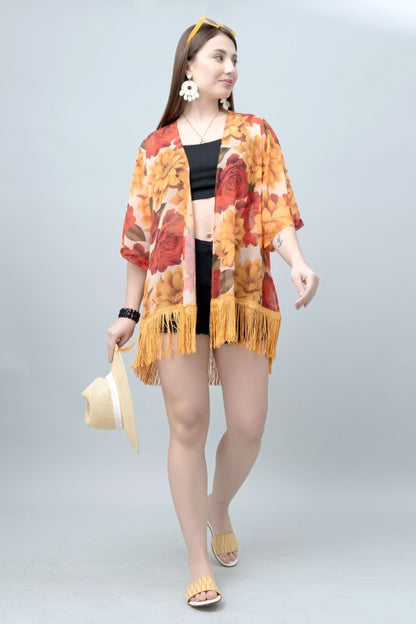 Women's Floral Print Kimono Tasseled Shrug