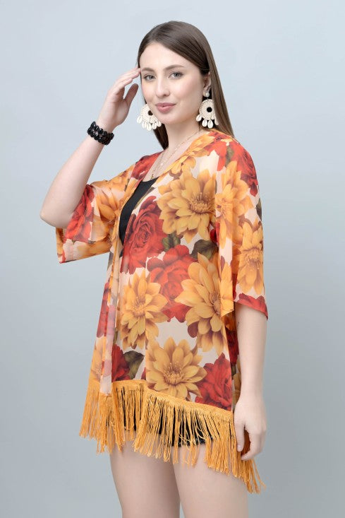 Women's Floral Print Kimono Tasseled Shrug