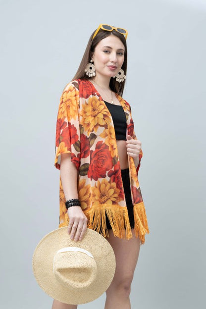Women's Floral Print Kimono Tasseled Shrug