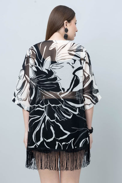 Women's Floral Print Kimono Tasseled Shrug