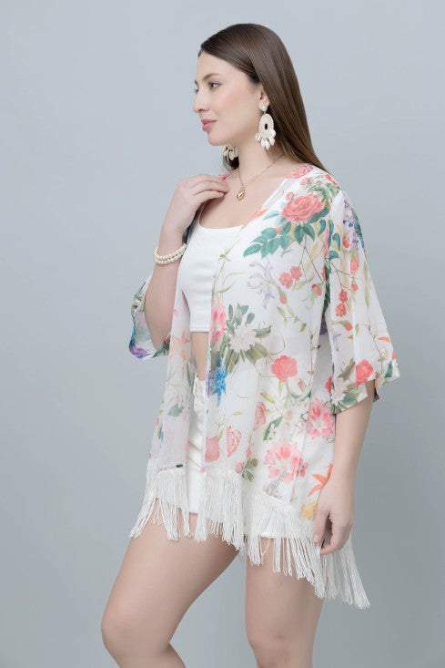 Women's Floral Print Kimono Tasseled Shrug