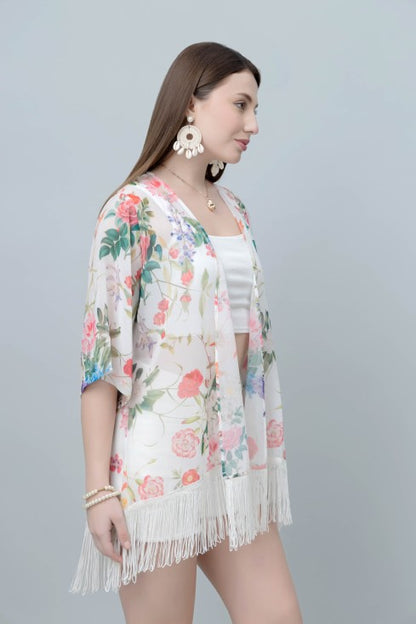Women's Floral Print Kimono Tasseled Shrug