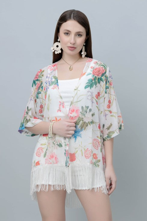 Women's Floral Print Kimono Tasseled Shrug
