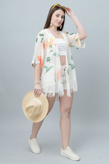 Women's Floral Print Kimono Tasseled Shrug