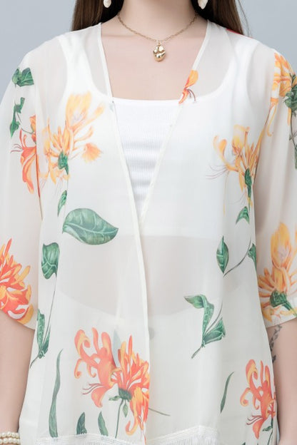 Women's Floral Print Kimono Tasseled Shrug