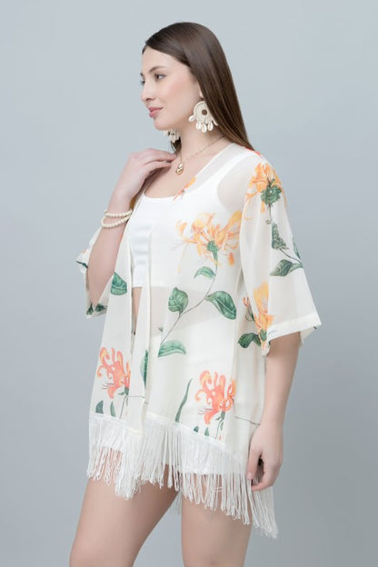 Women's Floral Print Kimono Tasseled Shrug