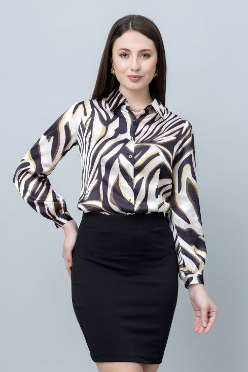Women's Abstract Printed Casual Satin Shirt