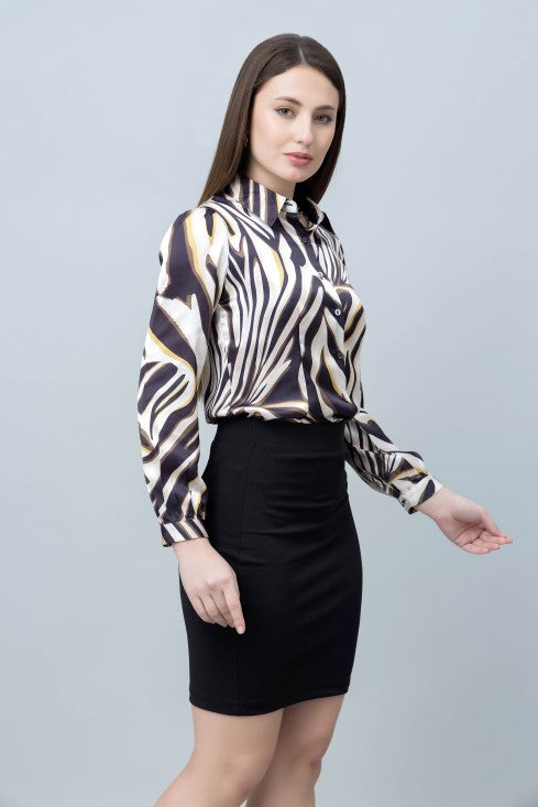 Women's Abstract Printed Casual Satin Shirt