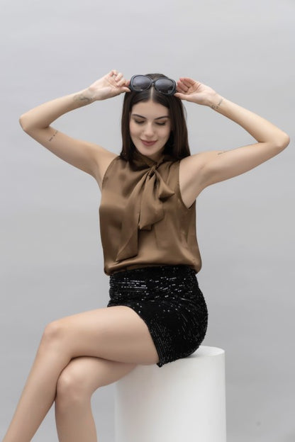 Sleeveless Tie Neck Satin Top