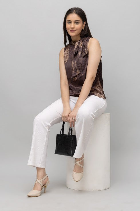 Casual Printed Neck Tie Top