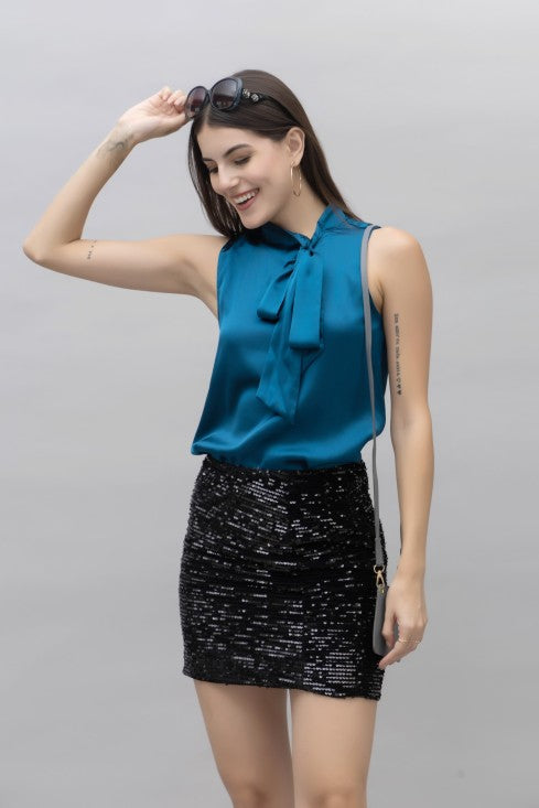 Sleeveless Tie Neck Satin Top