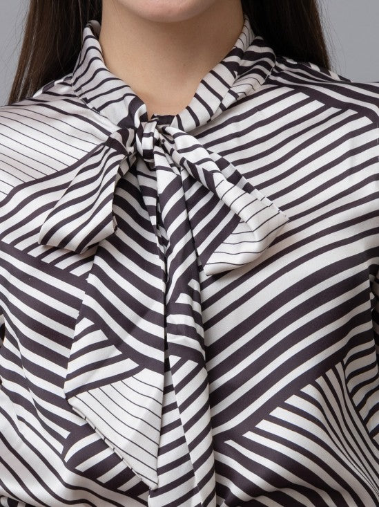 Printed Tie-Up Neck Satin Top