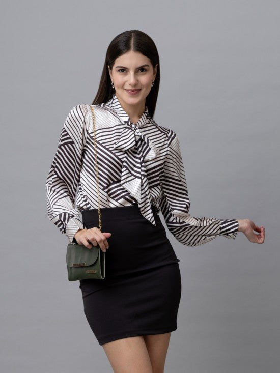 Printed Tie-Up Neck Satin Top